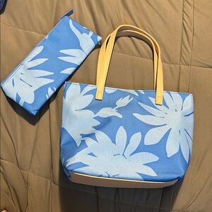 Estée Lauder Floral Blue and Tan Tote Bag